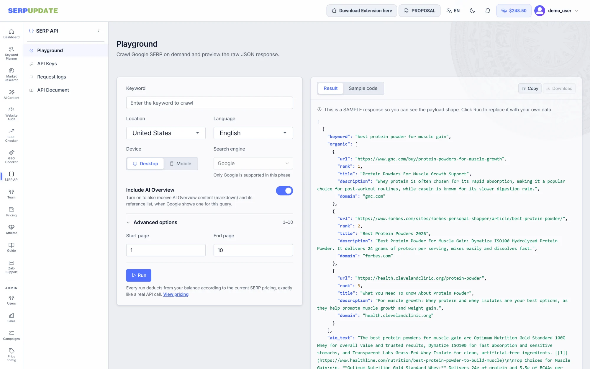 SERP API screen in the SERPUPDATE app