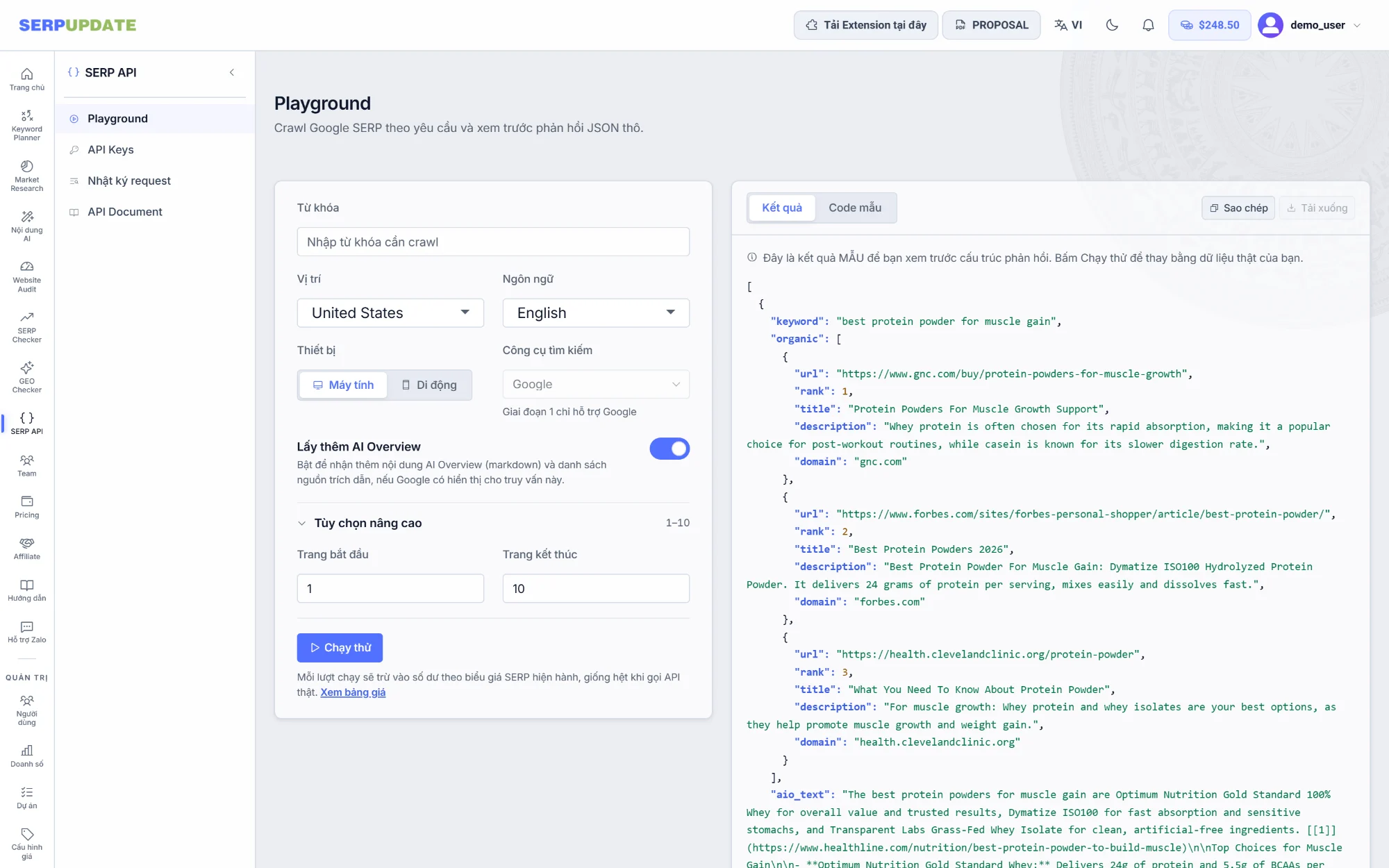 Bảng điều khiển SERP API của SERPUPDATE hiển thị nhật ký request, chi phí mỗi snapshot và khu vực thử API key